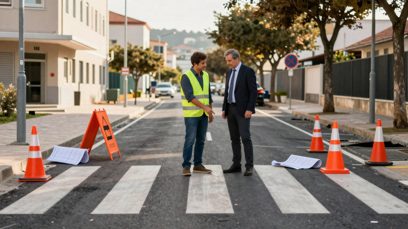 Dois homens a conversar numa obra de estrada, com cones e plantas espalhadas no chão.