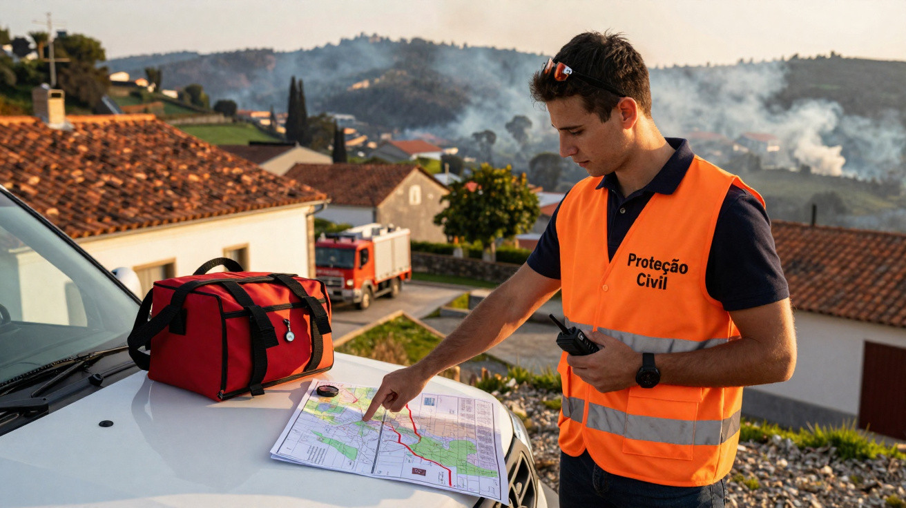 Voluntário da Proteção Civil aponta mapa sobre capotamento de viatura com fumo no fundo em zona rural.