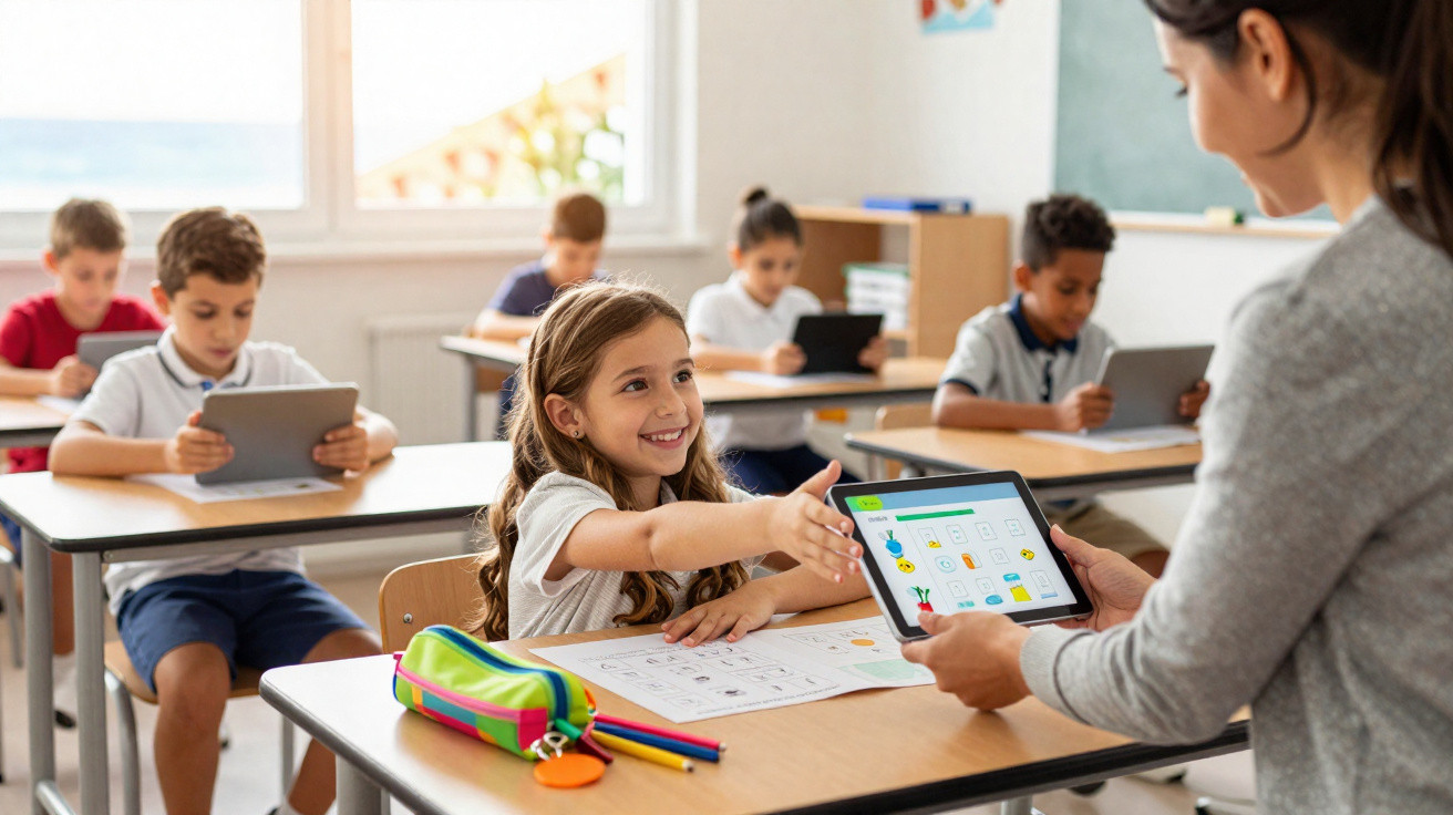 Criança sorridente a entregar tablet à professora numa sala de aula com alunos a usar tablets.