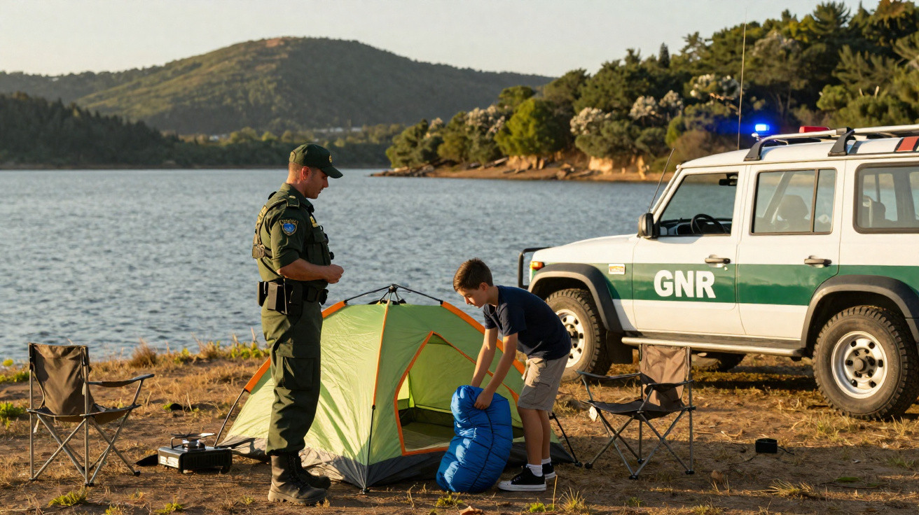 Polícia da GNR conversa com rapaz junto a tenda de campismo junto a lago rodeado de colinas e floresta.