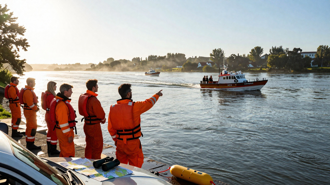 Equipa de resgate em coletes laranja observa barco a navegar num rio ao amanhecer.