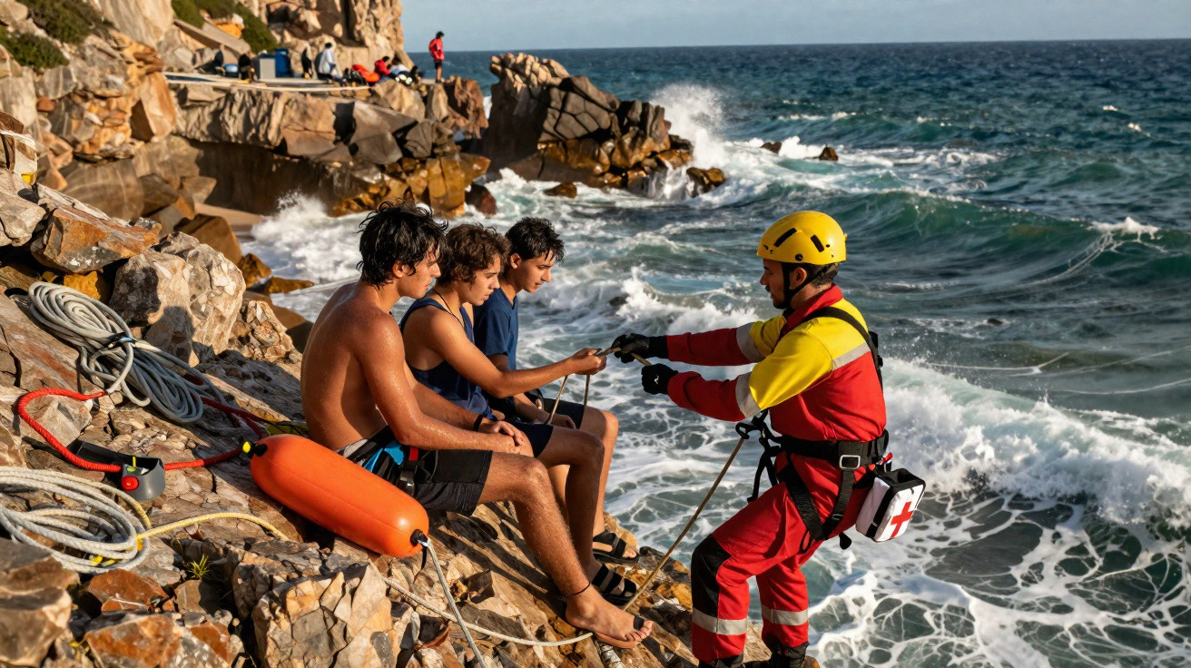 Socorrista ensina jovens sobre segurança na costa rochosa com ondas fortes ao fundo.