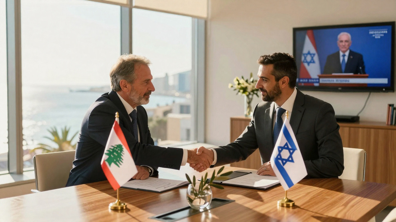 Dois homens de negócios apertam as mãos numa sala com bandeiras do Líbano e Israel sobre a mesa.