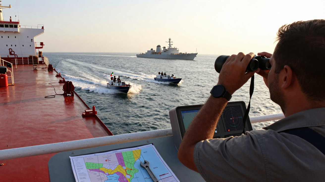 Homem observa com binóculos barco no mar, com navio de guerra ao fundo e mapa sobre mesa no convés de navio.