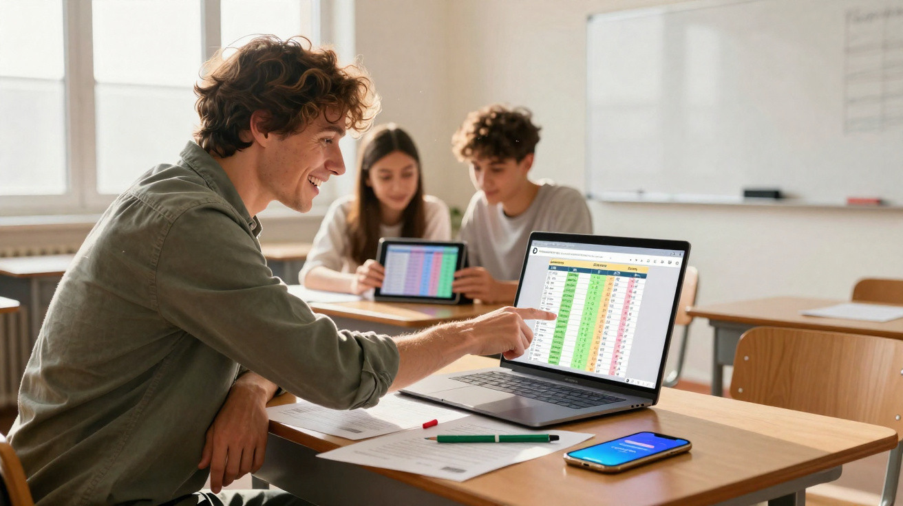 Estudante mostra dados coloridos numa tabela no computador enquanto outros dois jovens olham um tablet numa sala de aula.