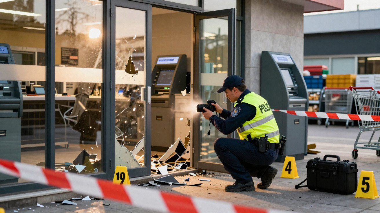 Polícia fotografa dano em vidro partido numa área de caixas automáticas com zona isolada.