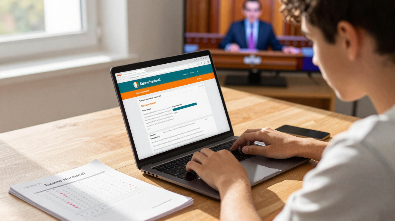 Pessoa a usar computador portátil para consultar resultados do Exame Nacional, com caderno sobre a mesa e televisão ao fundo.