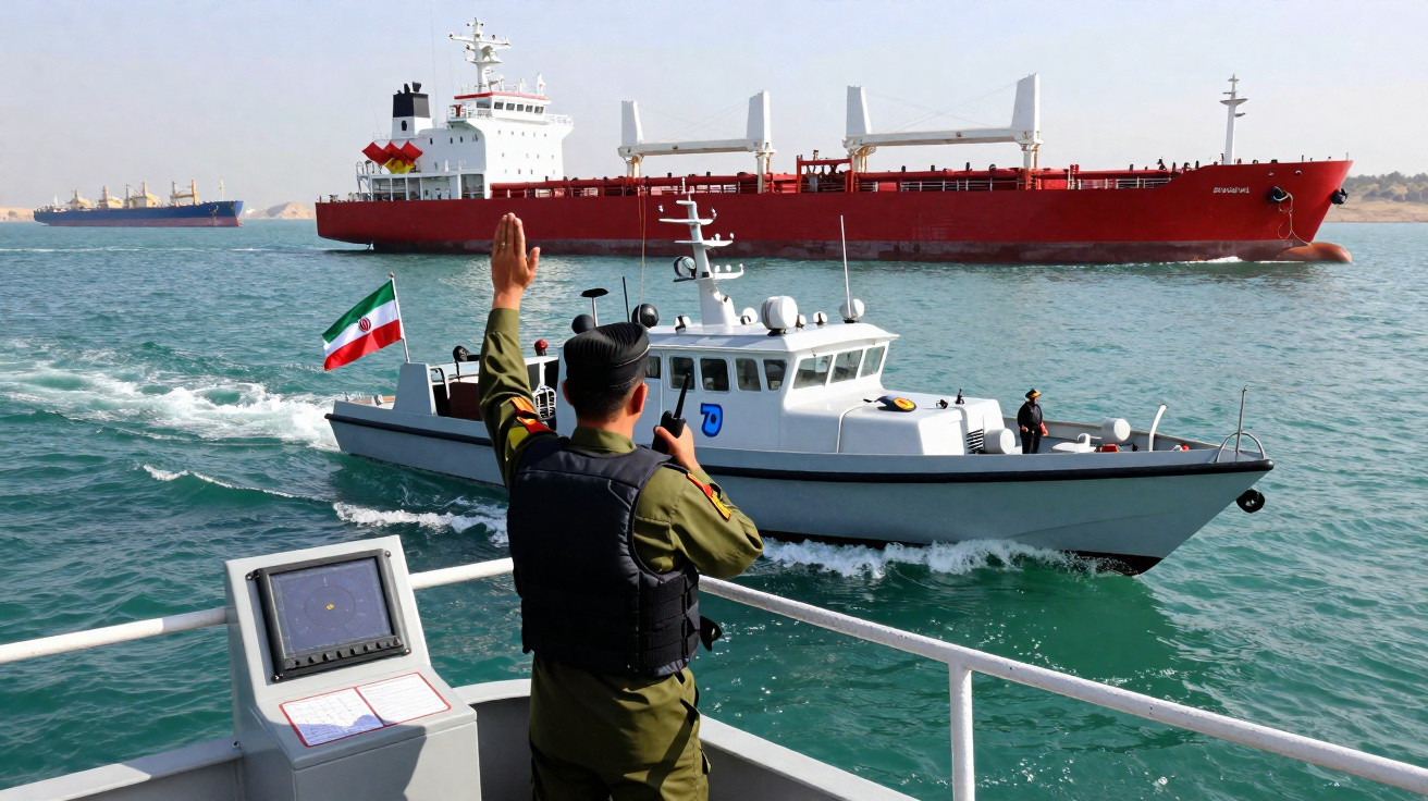 Militar numa embarcação sinaliza para um barco patrulha com navio cargueiro vermelho ao fundo no mar.