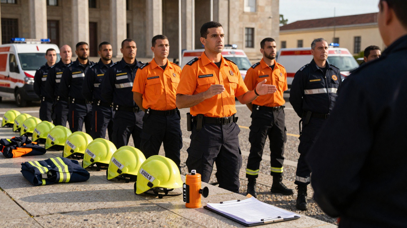 Bombeiros em uniforme alinhados em formação ao ar livre, com capacetes e equipamentos organizados numa mesa.