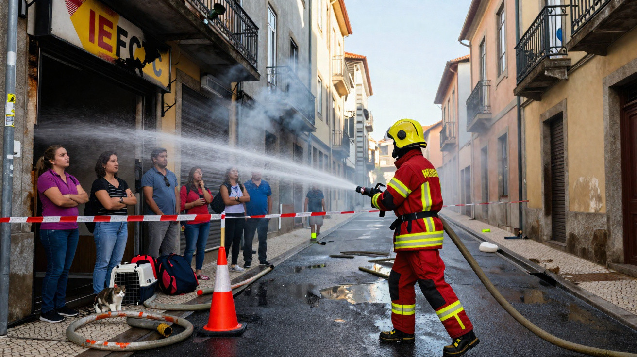 Bombeiro em equipamento completo a pulverizar água numa rua, enquanto várias pessoas observam atrás de fita de segurança.