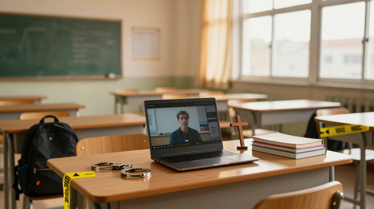 Sala de aula com carteira, computador portátil a mostrar videochamada, algemas, cruz e livros sobre a mesa.