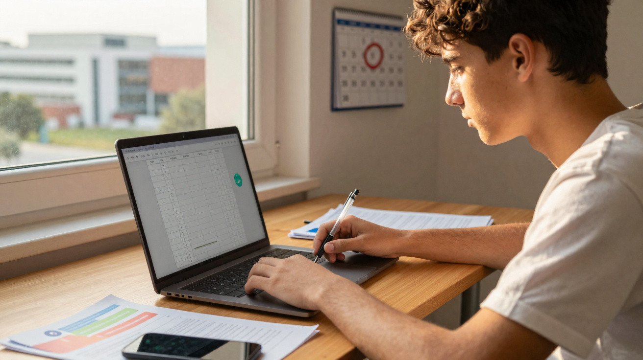 Jovem a estudar num computador portátil numa secretária com documentos e telemóvel junto à janela.