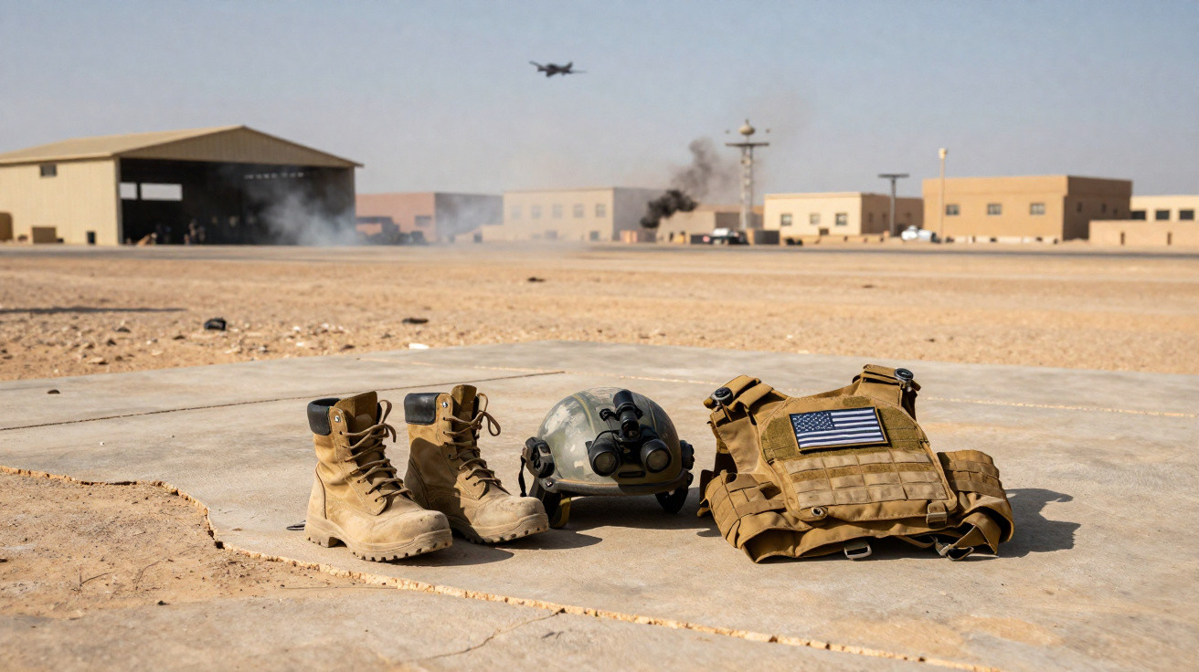 Botas militares, capacete e colete tático com bandeira dos EUA em pista deserta com hangar e avião no ar ao fundo.