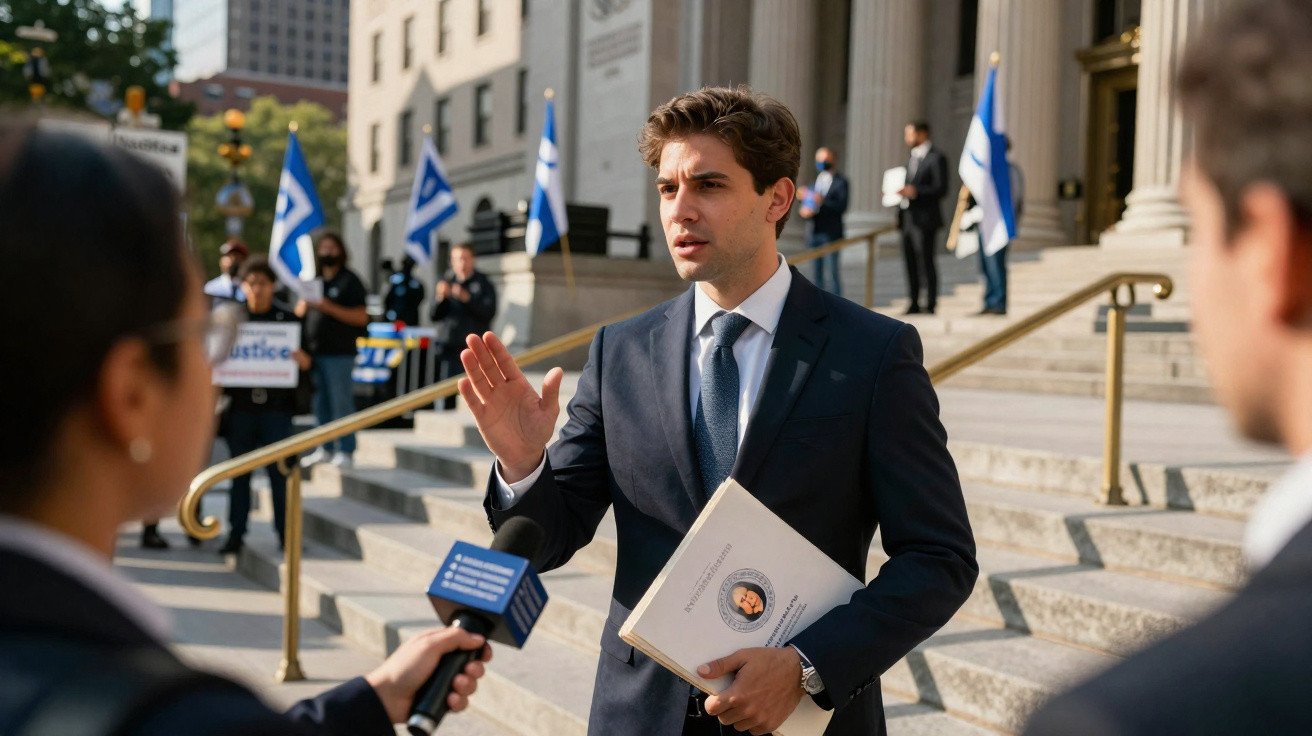 Homem de fato azul fala com jornalistas em escadaria de tribunal, segurando pasta com documentos oficiais.