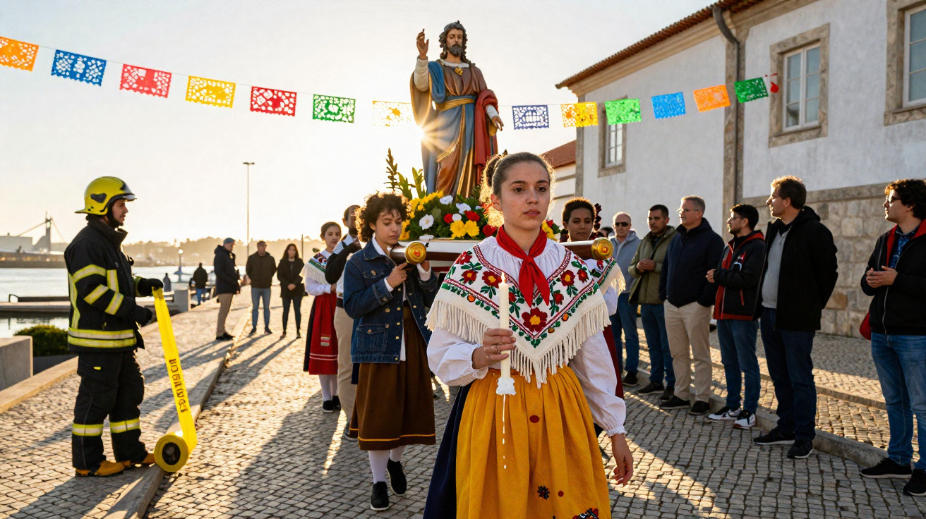Procissão religiosa com jovens em trajes tradicionais a carregar uma imagem de santo ao pôr do sol.