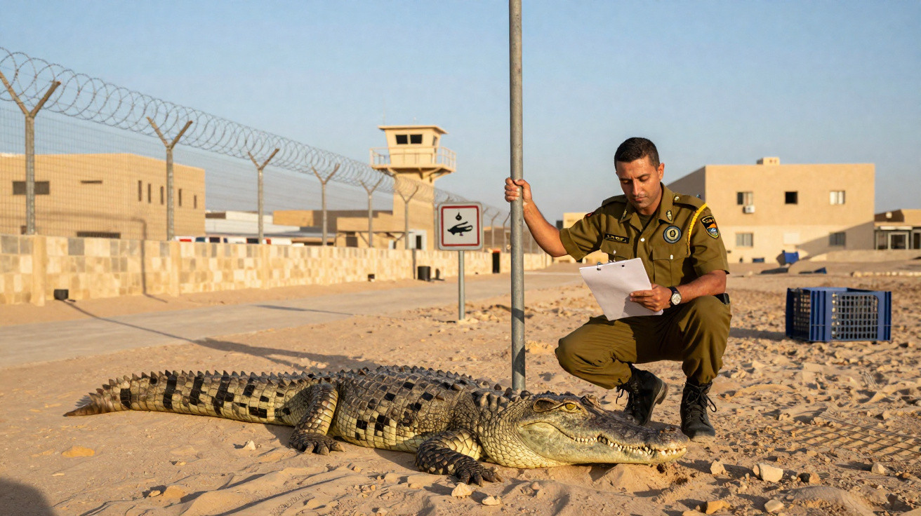 Soldado fardado junto a um crocodilo no chão de areia, com muralha e torre de vigilância ao fundo.