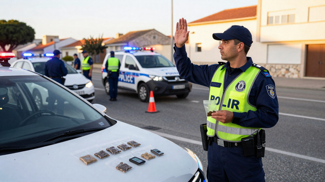 Polícia municipal a dirigir trânsito junto a viaturas com objetos suspeitos na capotaria de um carro branco.