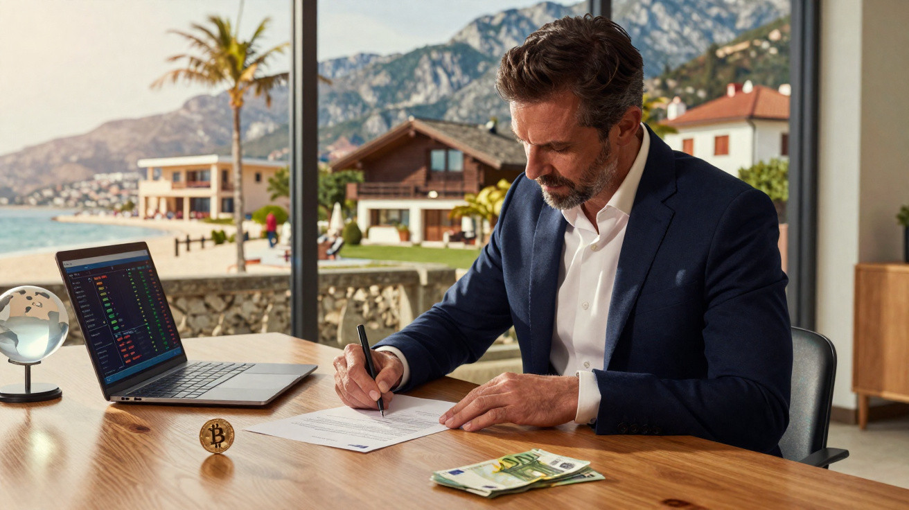 Homem de fato azul a trabalhar documentos numa mesa com laptop, notas, bitcoin e vista para o mar e montanhas.