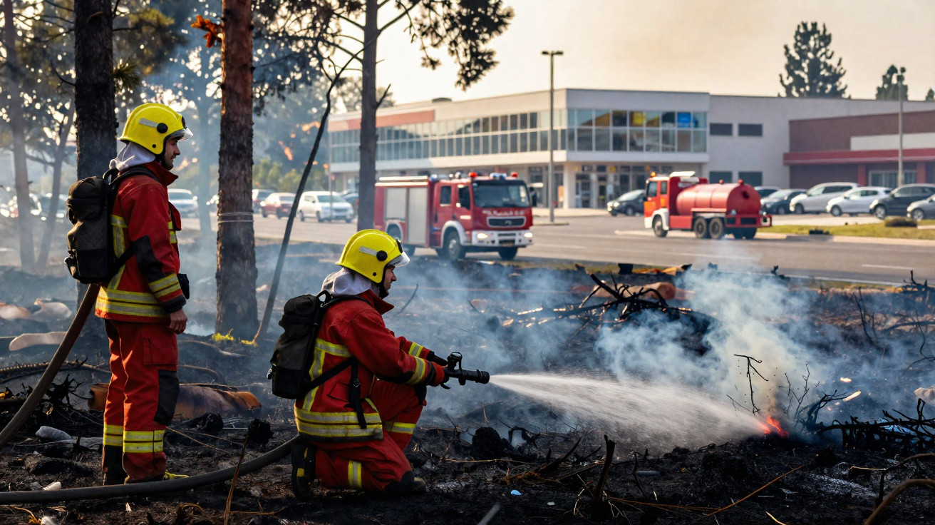 Bombeiros em equipamento a apagar fogo em área arborizada com carros de bombeiros ao fundo.