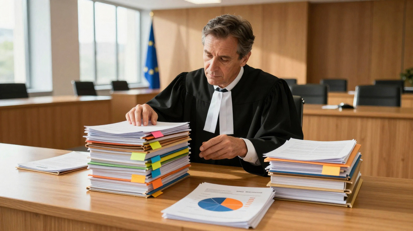 Advogado a rever pilhas de documentos e gráficos numa sala de tribunal moderna e iluminada.