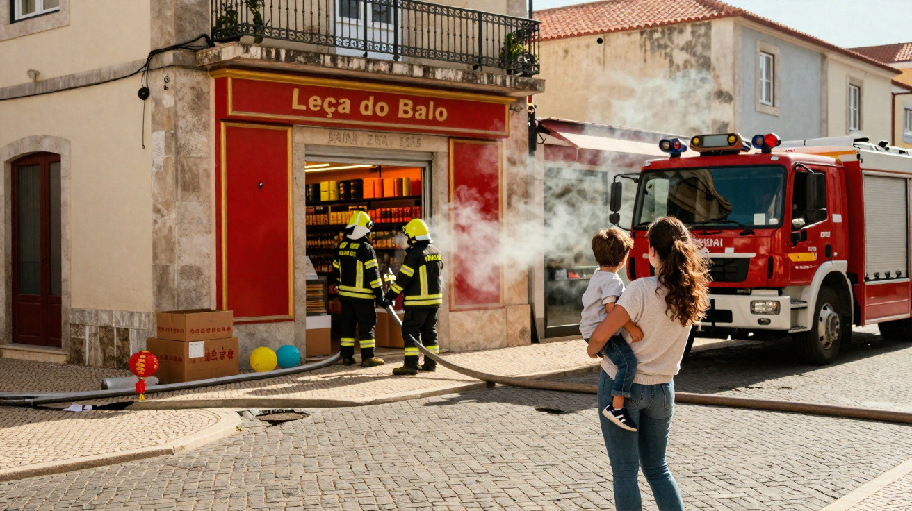 Bombeiros combatem incêndio numa loja vermelha junto a camião de bombeiros, mulher segura criança observando cena.
