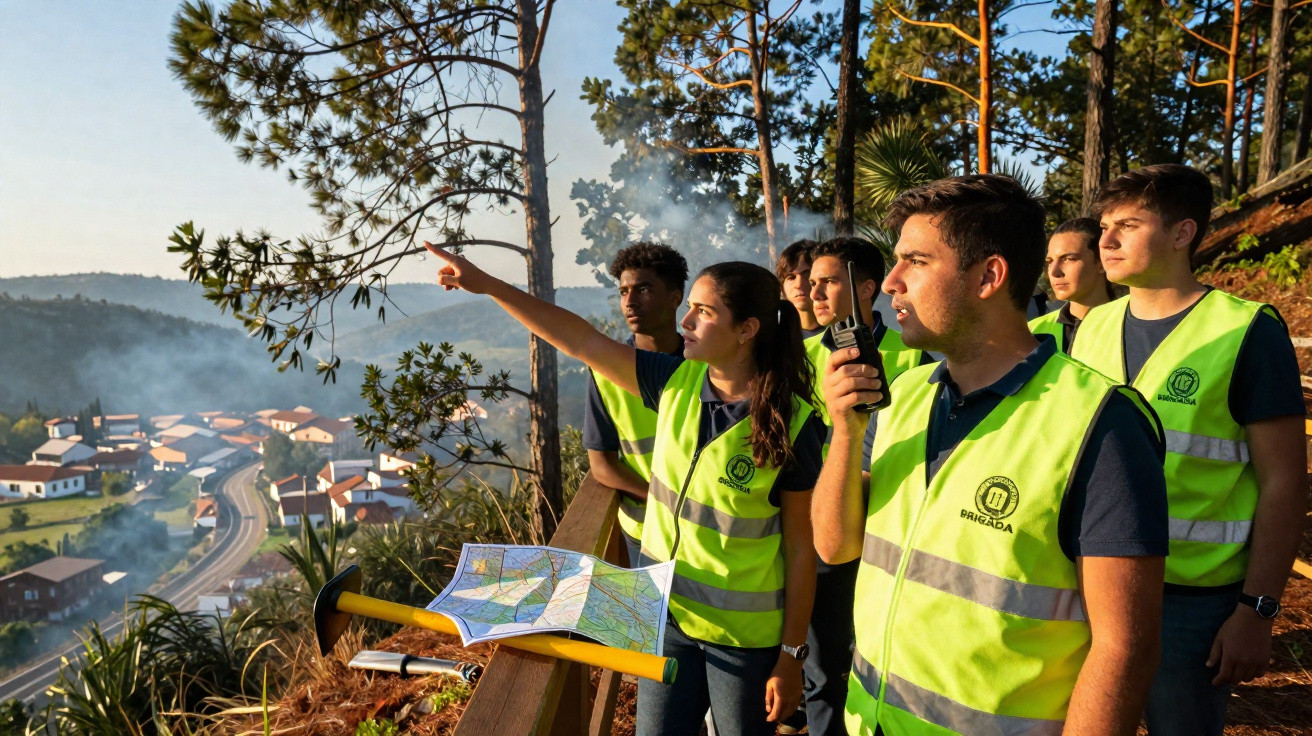 Voluntários de proteção civil com coletes refletores a vigiar e a coordenar combate a incêndio florestal.