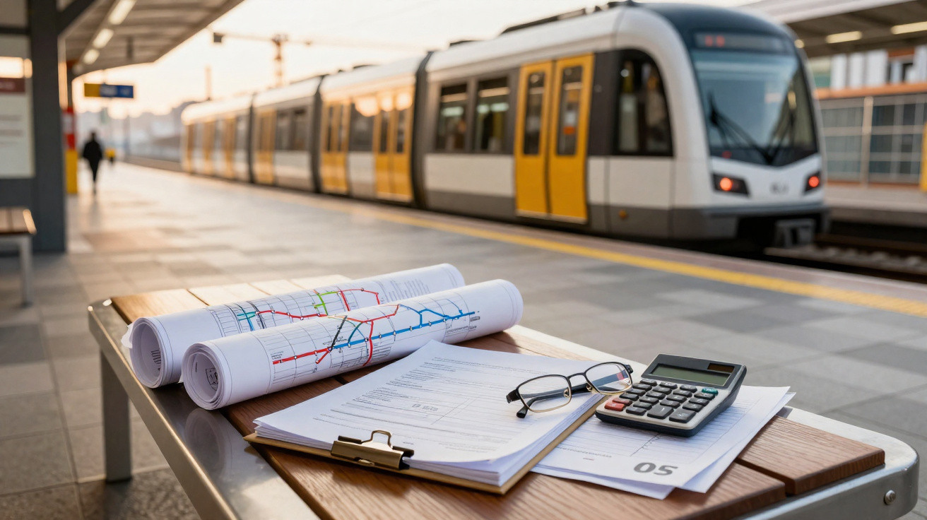 Mapa de linhas de metro, documentos, calculadora e óculos numa estação de comboio com comboio em fundo desfocado.