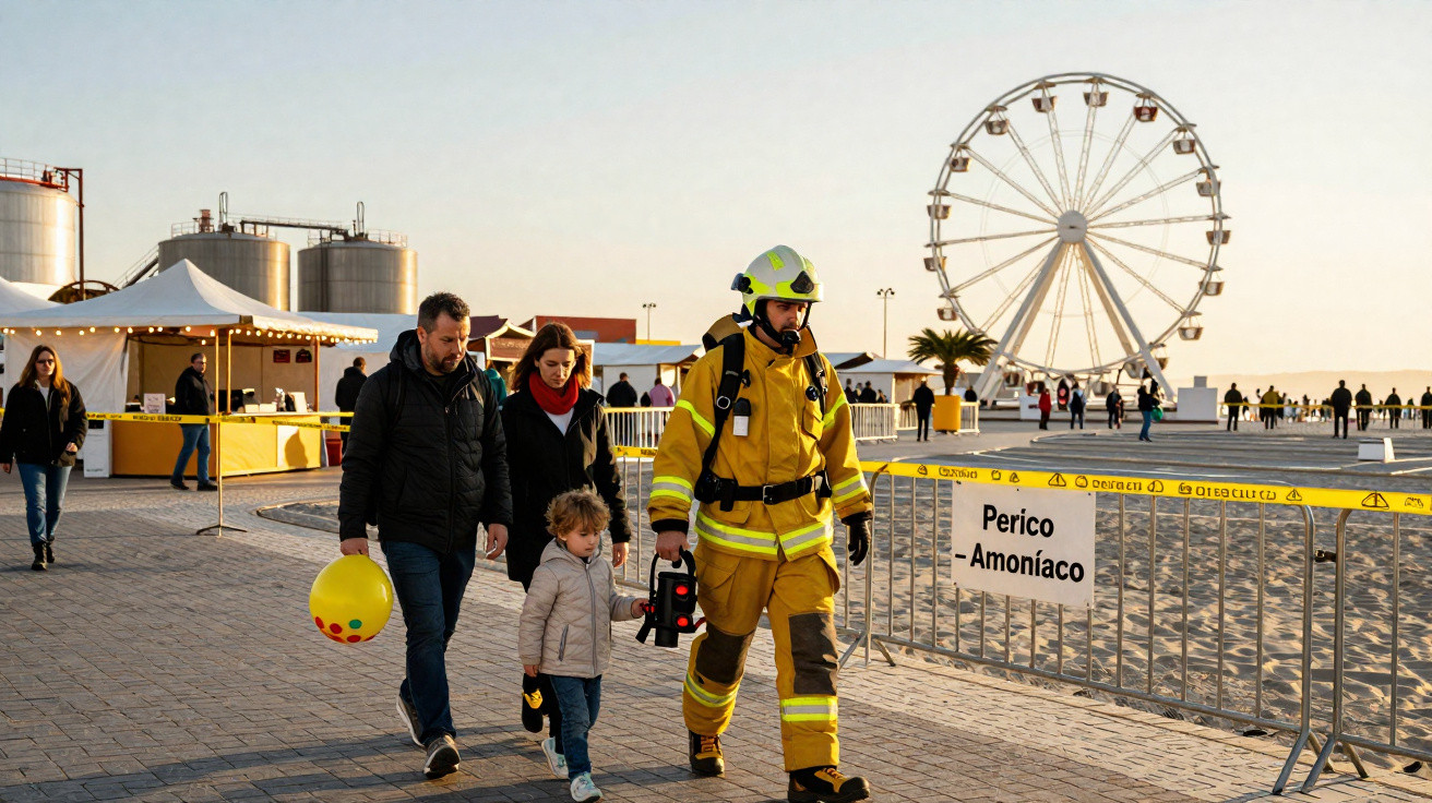 Bombeiro de uniforme amarelo conduz criança e adultos perto de barra de aviso num passeio junto à roda gigante.