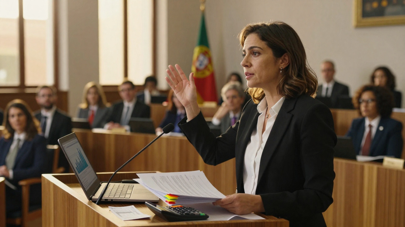 Mulher a discursar num tribunal, com documentos, computador e bandeira de Portugal ao fundo.