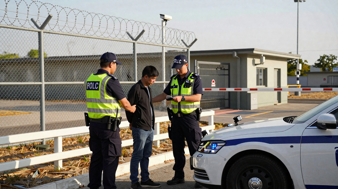 Dois agentes da polícia revistam e detêm um homem junto a uma viatura policial perto de uma cerca com arame farpado.