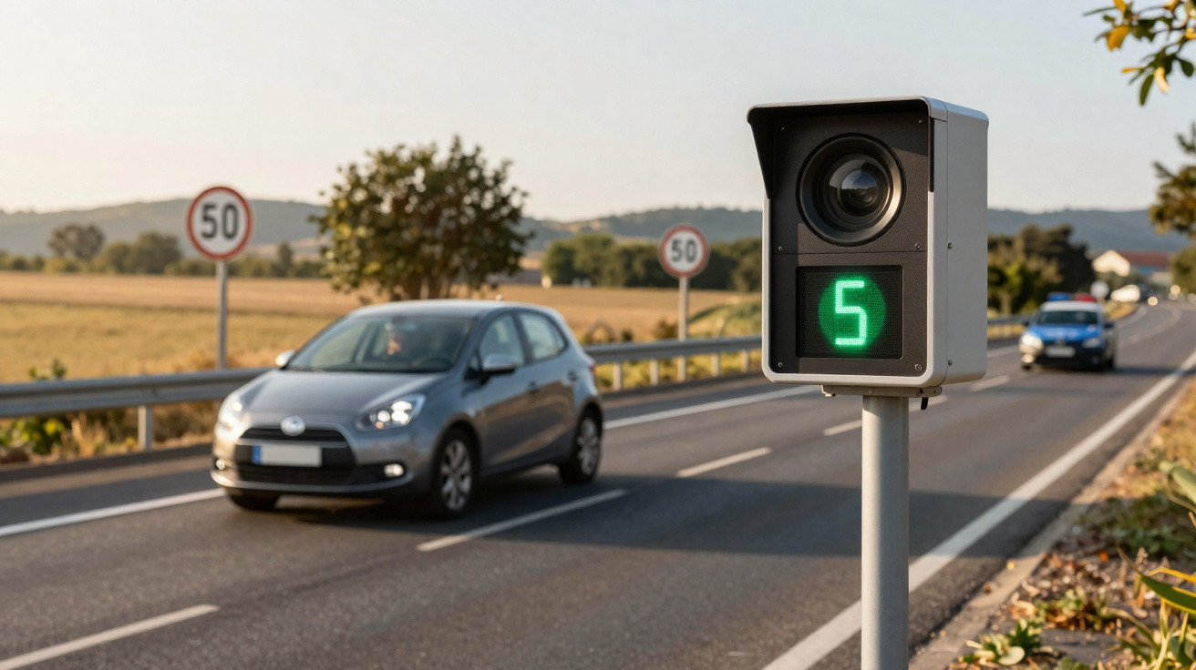 Radar de velocidade com contador digital verde 5 numa estrada com limite de 50 km/h e carros em movimento.