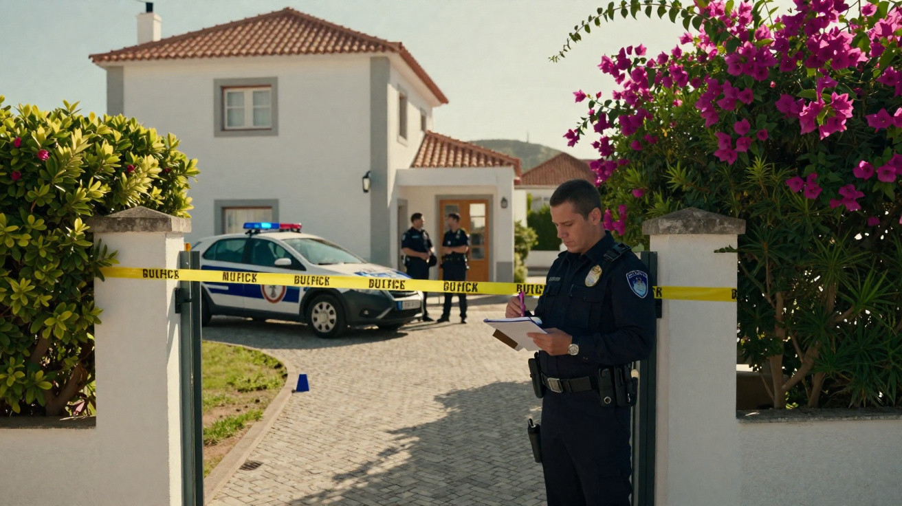 Polícia a recolher informações numa casa isolada com fita de isolamento amarelo e viatura policial no quintal.