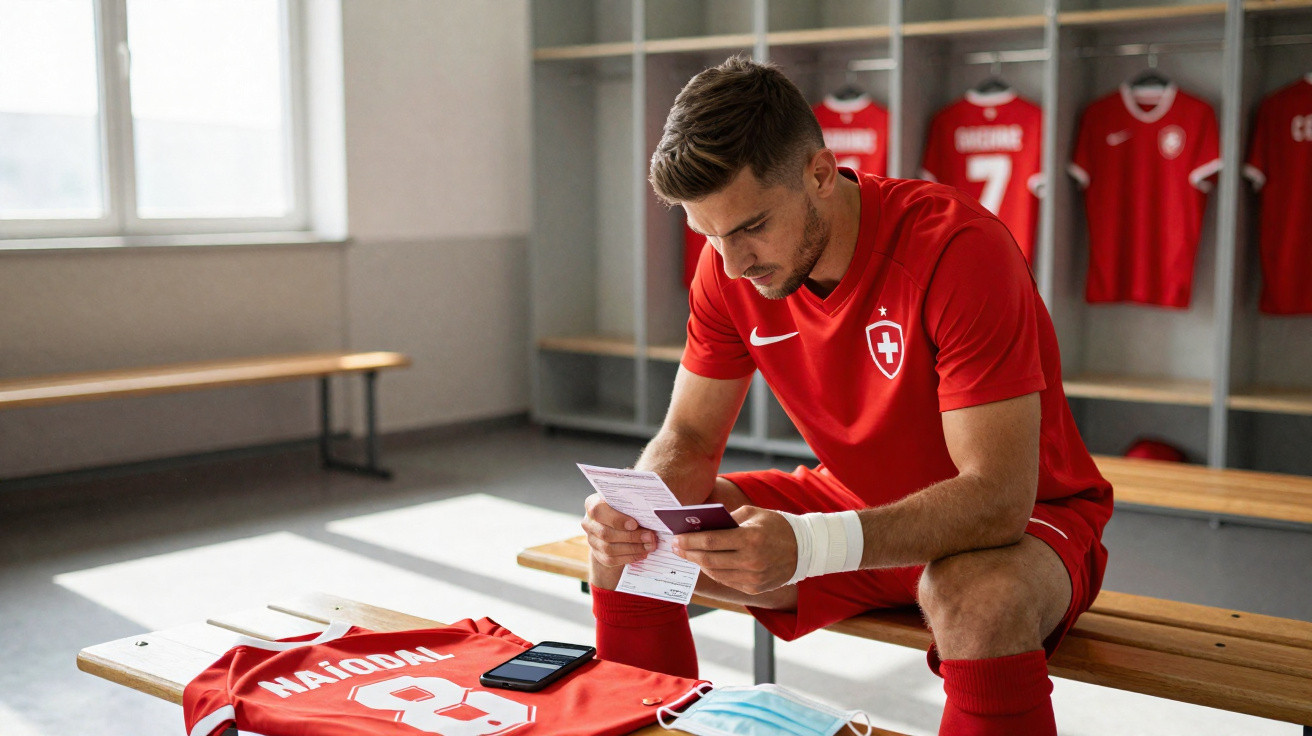 Jogador de futebol sentado no balneário a ler documento, com camisola vermelha e máscara na bancada.