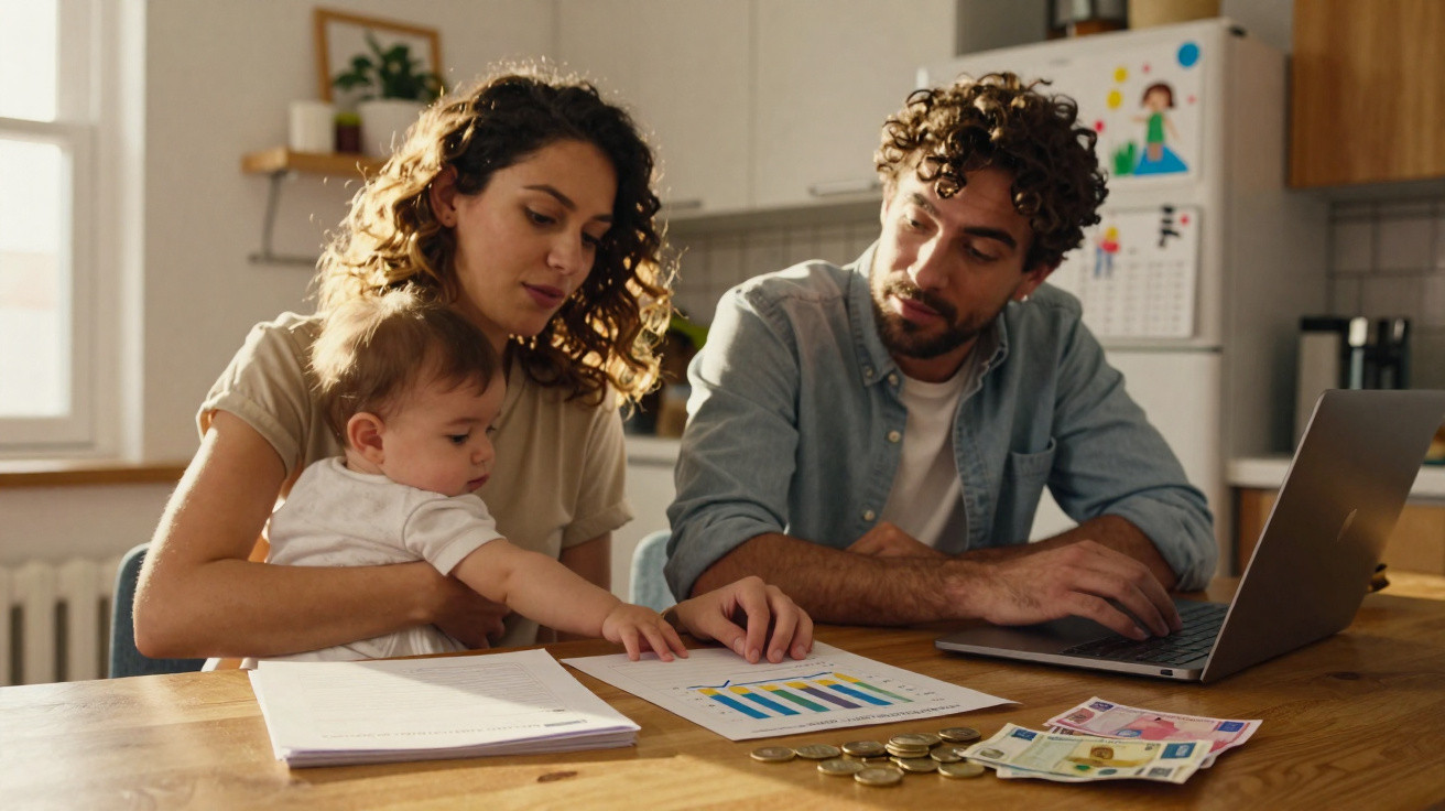 Casal com bebé analisa gráficos e planeia finanças em cozinha com laptop e dinheiro na mesa.