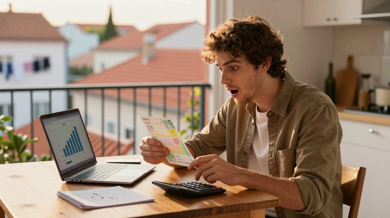 Homem surpreendido a analisar uma fatura com calculadora, computador e caderno numa mesa junto a varanda.