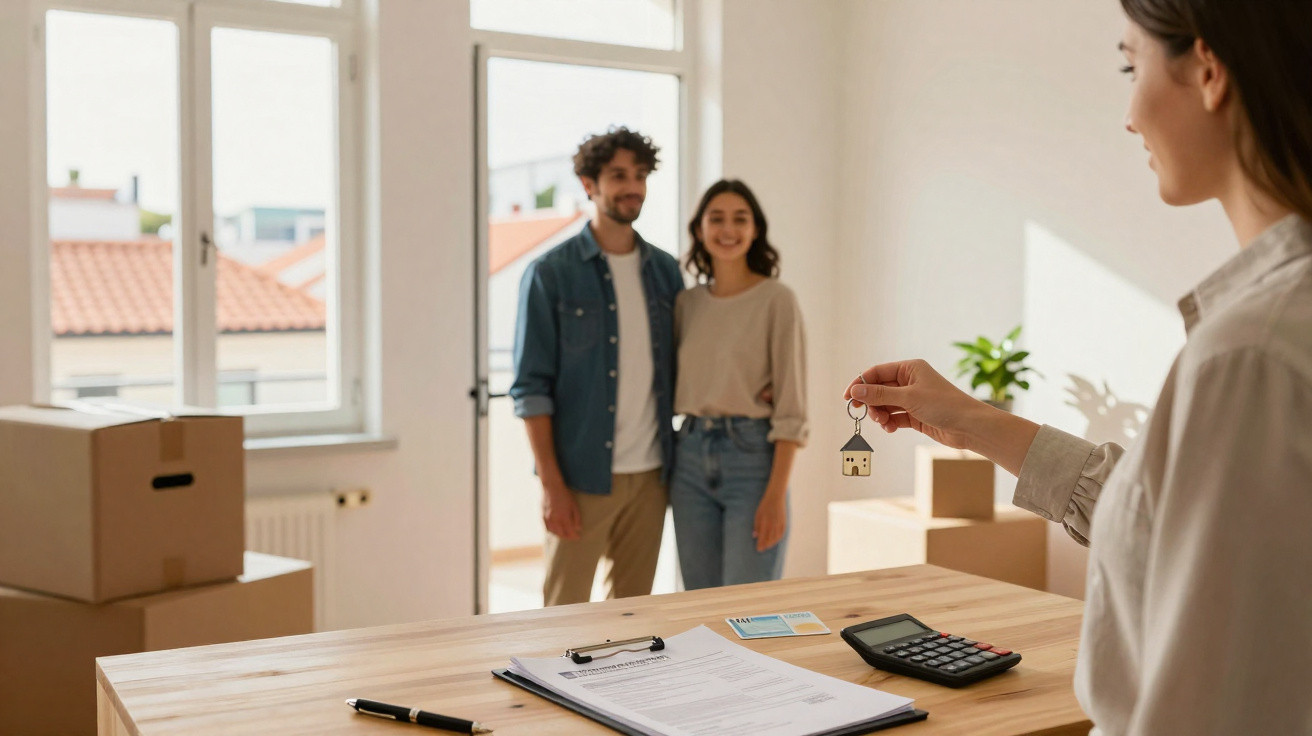 Pessoa a entregar chave de casa a casal jovem numa divisão com caixas de mudança, luz natural.
