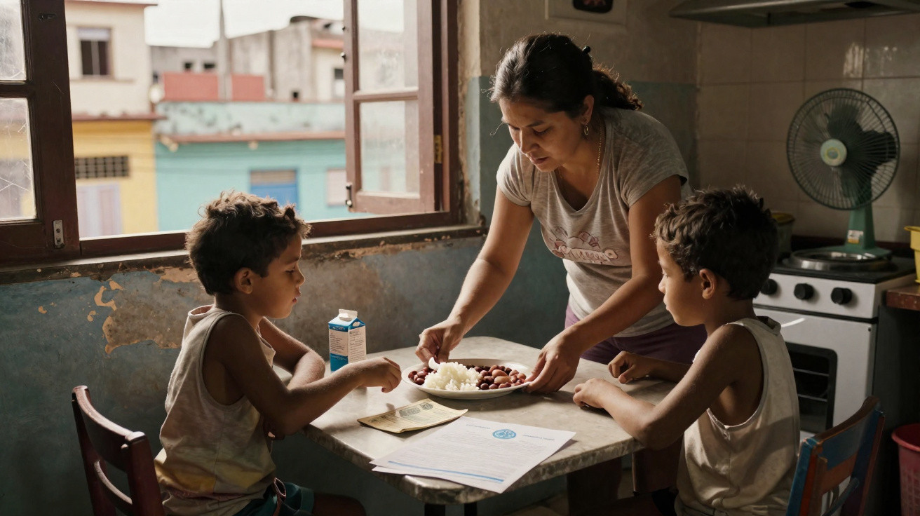 Mulher serve arroz e feijão a duas crianças numa cozinha simples com janela aberta.