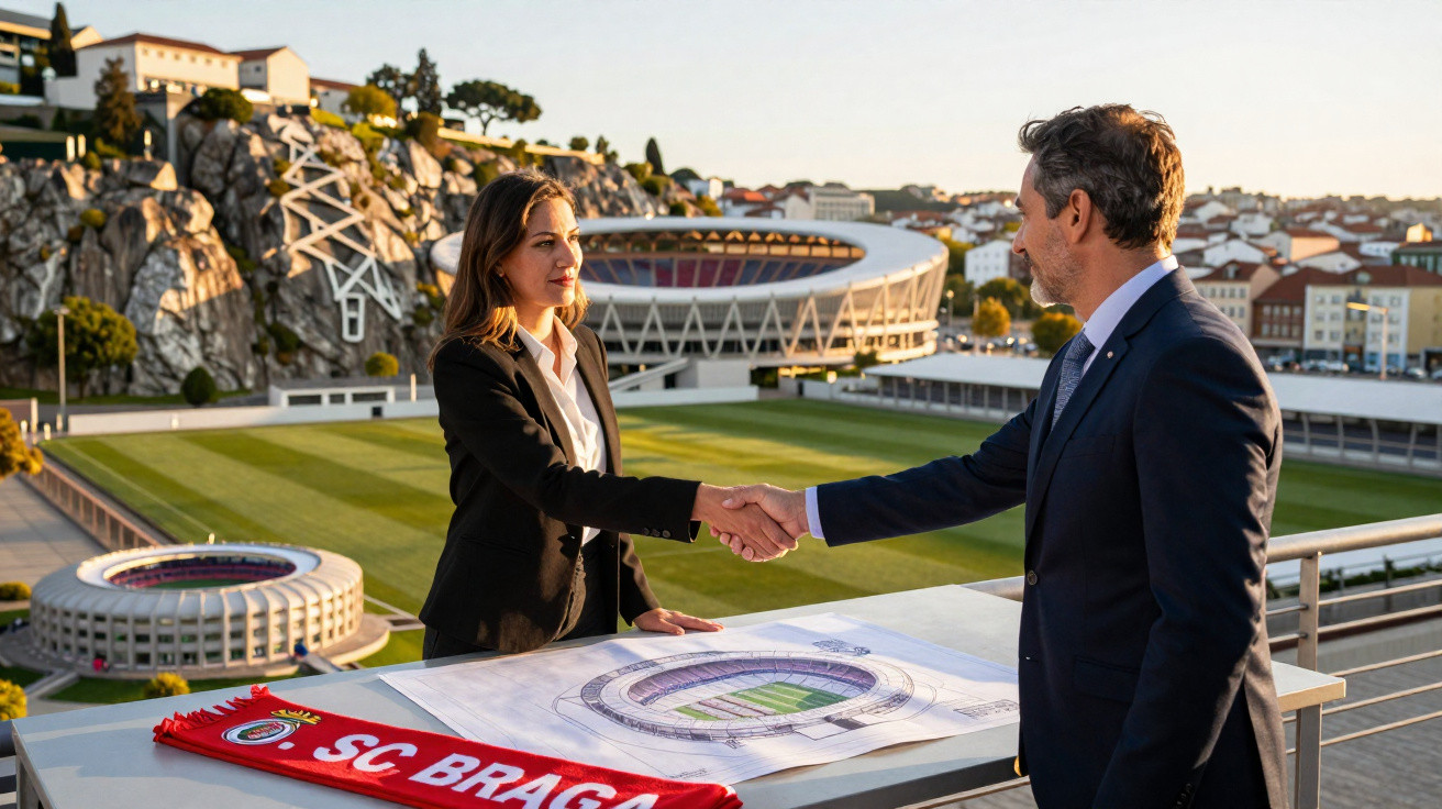 Duas pessoas apertam as mãos junto a planta de estádio, com o estádio do SC Braga ao fundo ao entardecer.