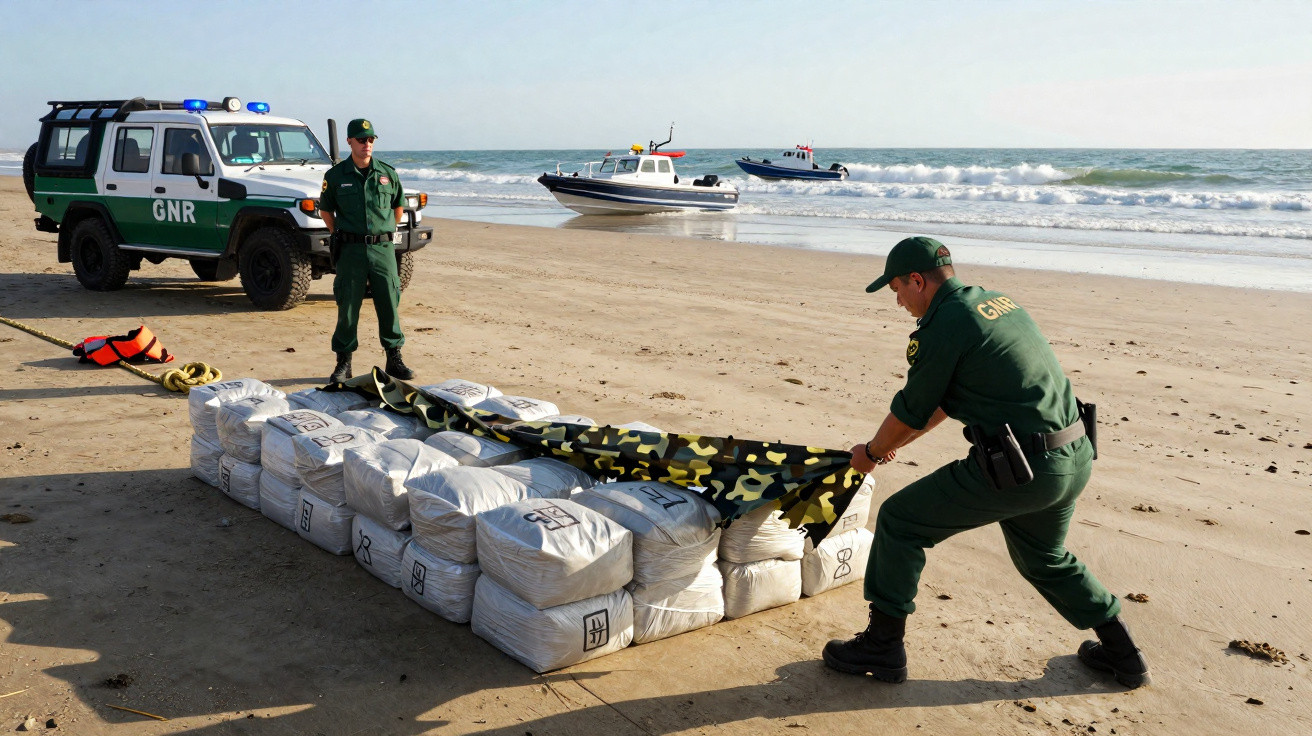 Dois agentes da GNR na praia inspecionam sacos brancos empilhados com barco e viatura ao fundo.