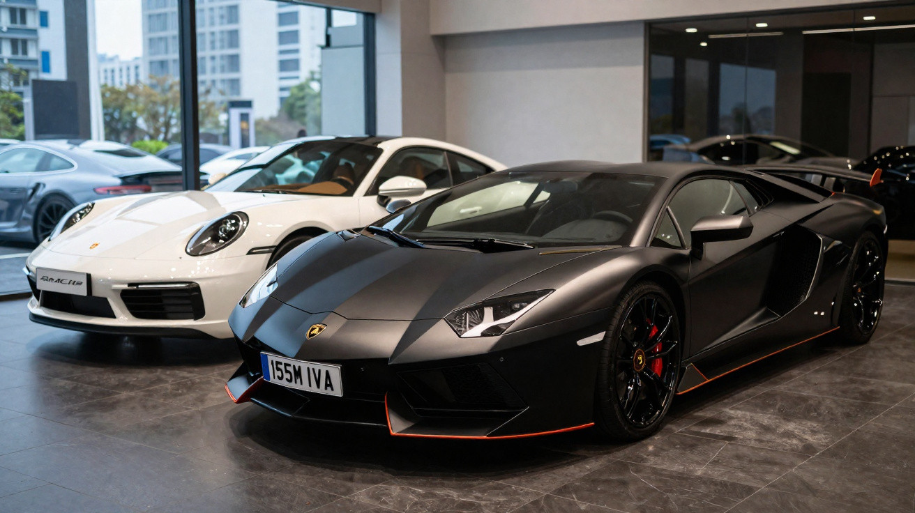Carro preto desportivo Lamborghini e carro branco Porsche estacionados em interior de garagem moderna.