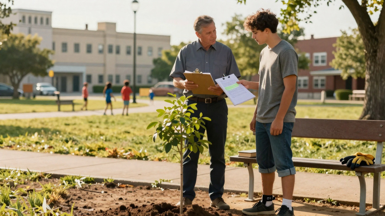 Homem mais velho e jovem junto a árvore recém-plantada em parque urbano, com documentos na mão.