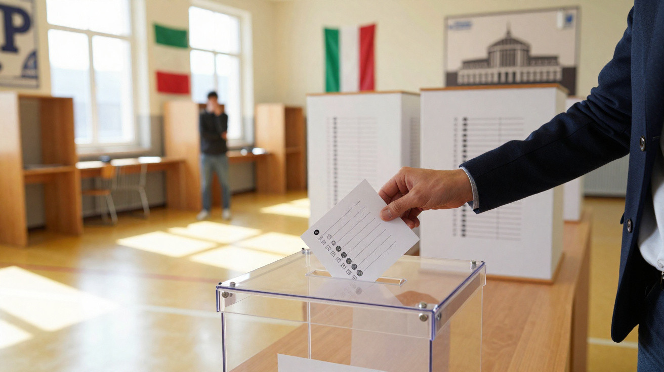 Pessoa a votar numa urna transparente numa sala de votação com bandeiras da Itália ao fundo.