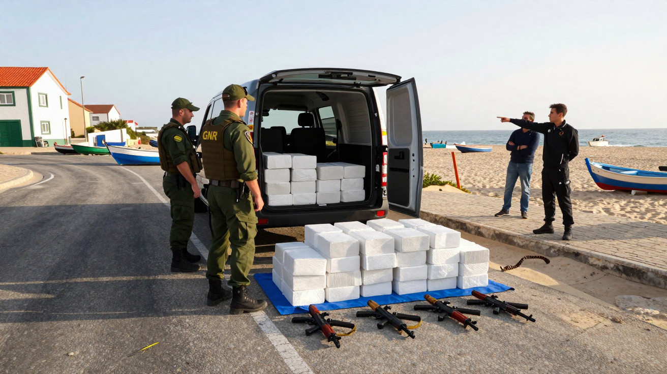 Dois militares da GNR vigiando perto de furgão com cocaína e armas junto à praia e dois civis observando.