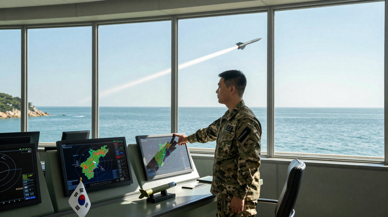 Militar de uniforme camuflado a operar sistemas de radar com vista para o mar e um míssil a lançar do lado de fora.