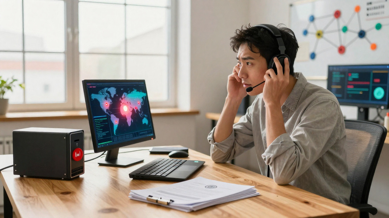 Homem com headset a analisar um mapa mundial em ecrã de computador numa sala de escritório moderna.