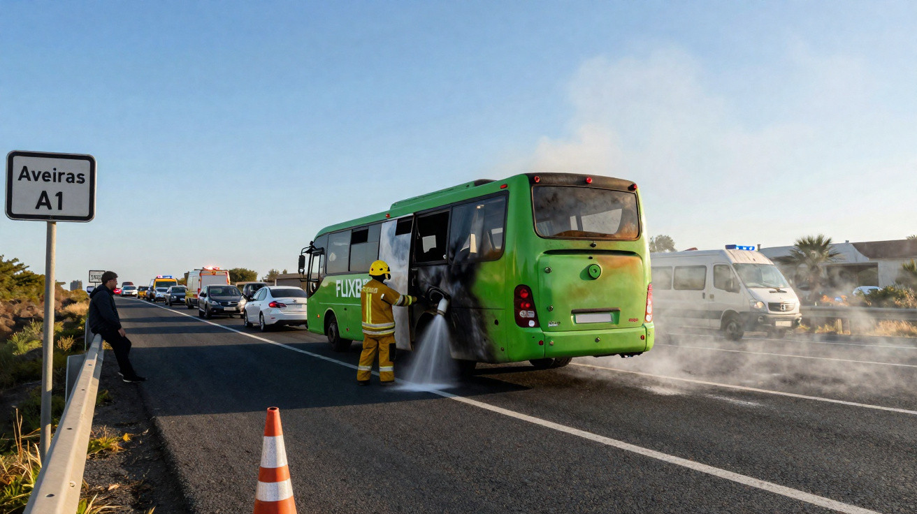 Bombeiro apaga fogo num autocarro verde na A1 perto de Aveiras, com trânsito e viaturas de emergência na estrada.