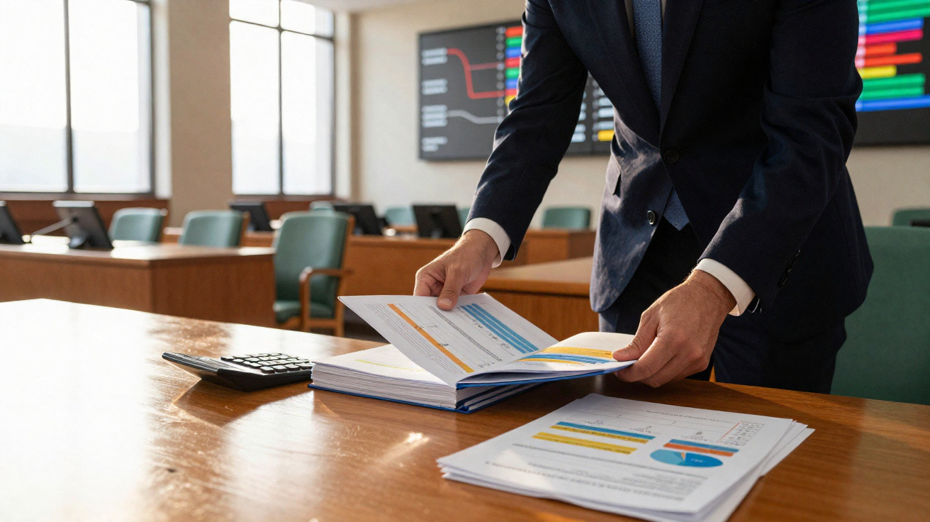 Pessoa de fato a analisar relatórios financeiros numa sala de reuniões com calculadora e gráficos.