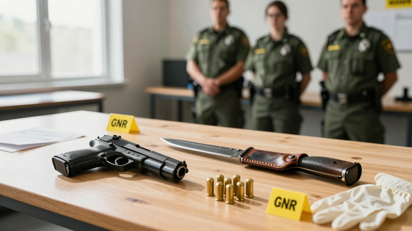 Mesa com pistola, faca, munições e luvas brancas, com três agentes da GNR desfocados ao fundo.