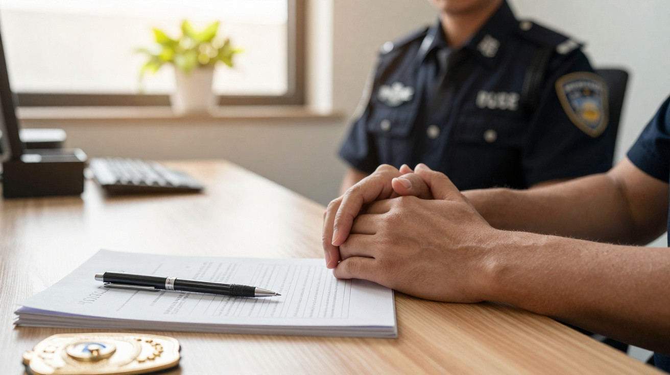 Polícia sentado à mesa com documentos e caneta, mãos cruzadas sobre a mesa.
