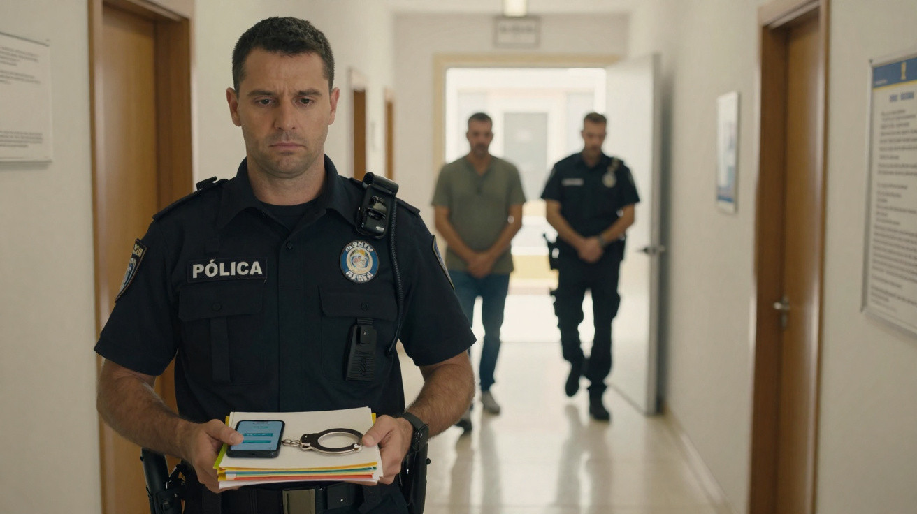 Polícia segurando documentos e algemas em corredor, com detido e outro agente ao fundo.